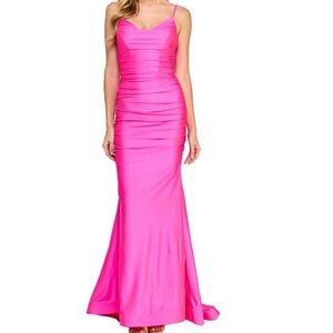 Neon pink satin prom dress